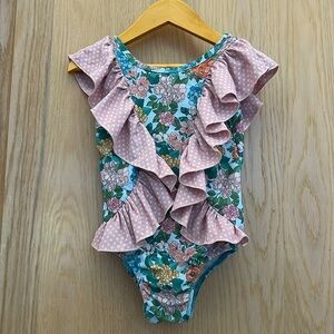Only Little Once: Floral leotard with polka dot ruffle trim. Size 4/5
